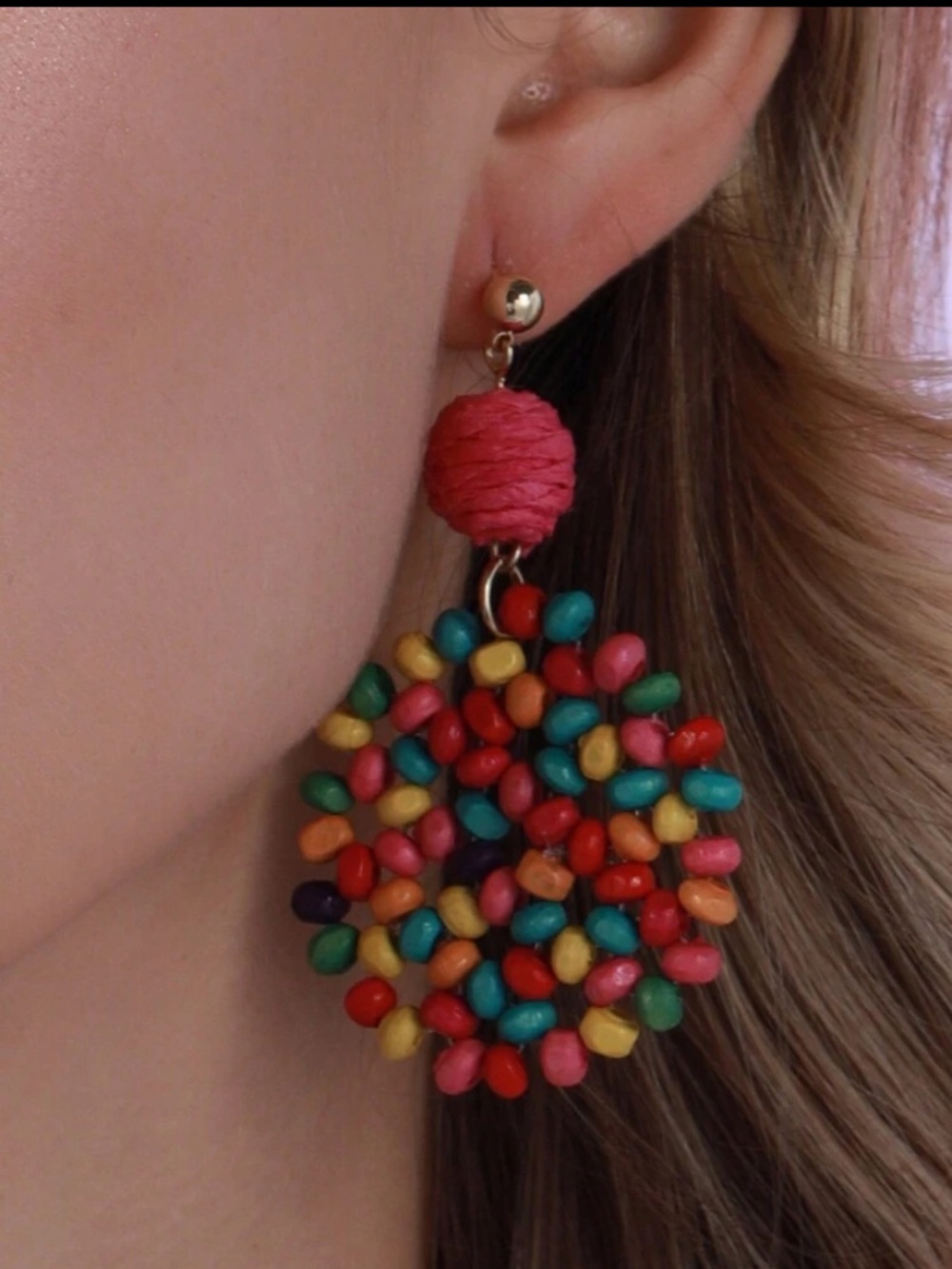 Handmade Boho Wood Bead & Raffia Statement Summer Earrings Eclectic Whimsical - Picture 4 of 6